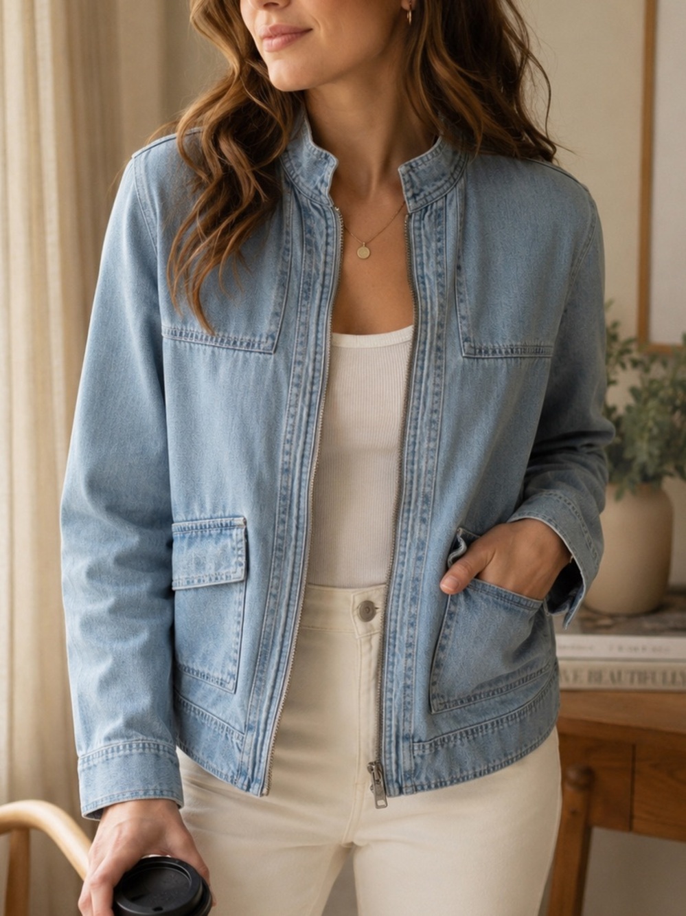 Light Wash Denim Jacket - Casual Zip Front